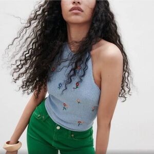 NWT ZARA Knit Embroidered Halter Top